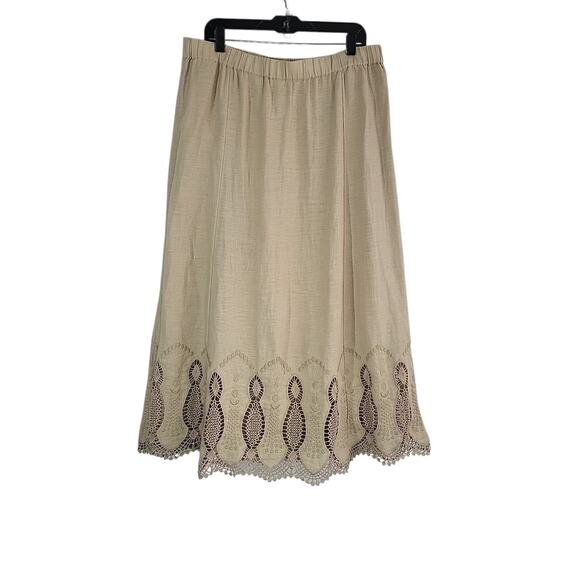Chico’s Linen A-Line Midi Skirt Tan Embroidered Eyelet Hem Size 2 12-14 Boho NEW - Picture 1 of 13